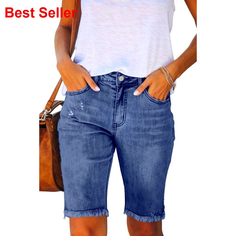 Ripped Denim Jean Shorts Mid Waist Stretchy Casual Summer